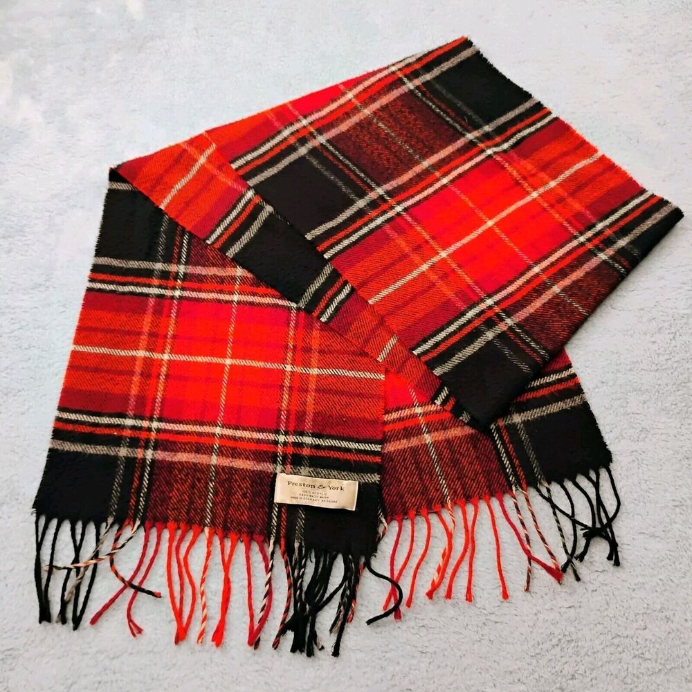 Vintage Preston & York Red Black White Plaid Scarf Fleece Fringe Made In Germany